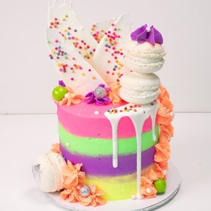 Oh My Cake's Rainbow highlights cake, which is a cake with neon rainbow coloured buttercream icing and contrasting white chocolate shard and macaroon toppings