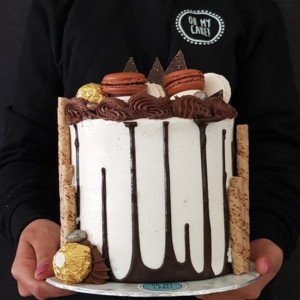 Upside-down chocolate drip cake