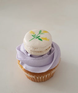 Yellow floral macaron cupcake