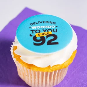Personalised cupcakes that are branded and created by OhMyCake.