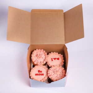 Kiss and Tell Lunchbox cupcakes in a brown and white box container with 
