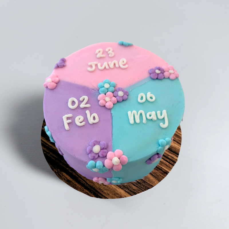 A pastel three-tone buttercream celebration cake divided into pink, lavender, and teal sections, decorated with small floral accents and personalised with the dates “23 June,” “02 Feb,” and “06 May” written on top.
